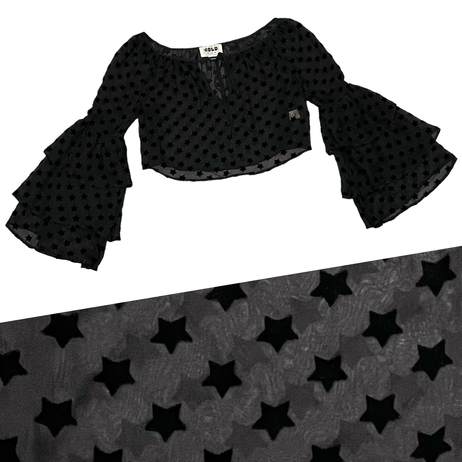 Stone Cold Fox Taurus Blouse Velvet Burnout Sheer Crop Top Black Stars Silk Xs/S